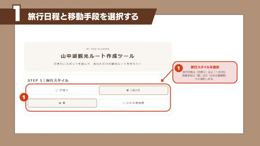 山中湖観光モデルコース作成ツールで旅行日程と移動手段を選択する画面